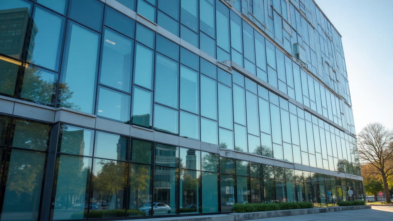 Modern kantoorgebouw met zonwerende glasfolie op de glazen gevel